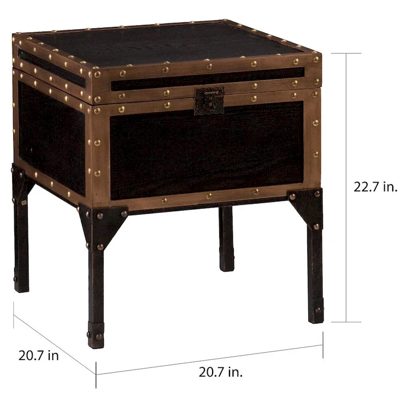 Trunk-Style Side Table with Storage – Antique Black / Bronze, MDF, Single