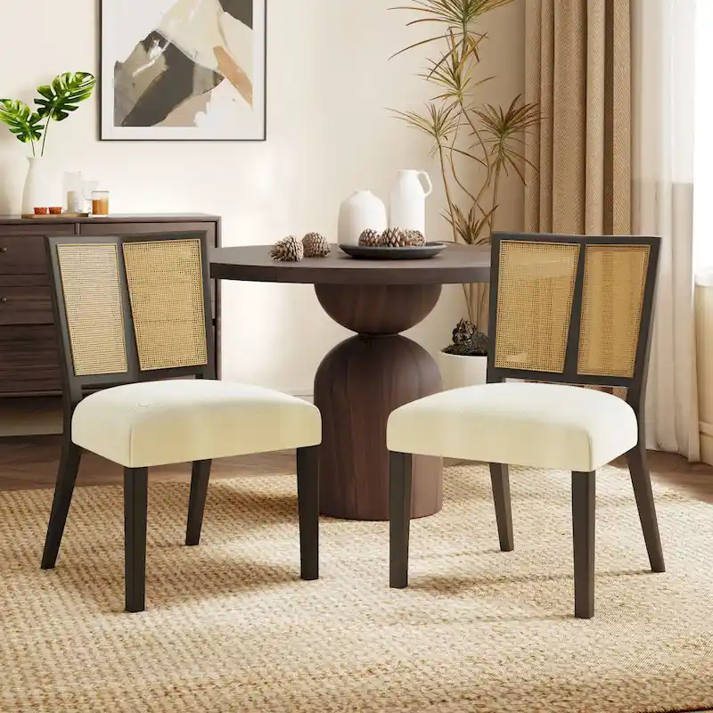 Mid-Century Rattan Back Upholstered Dining Chair Set of 2