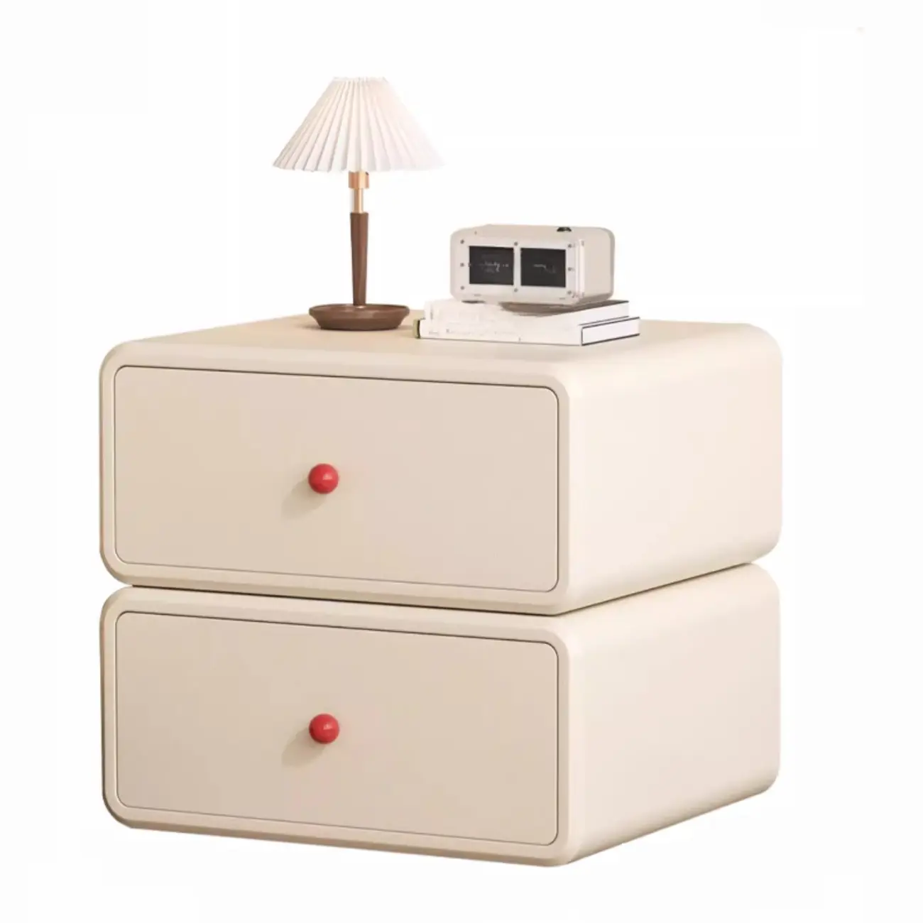Art Deco Wood Faux Leather Red-Ball Pulls 2-Drawer Nightstand
