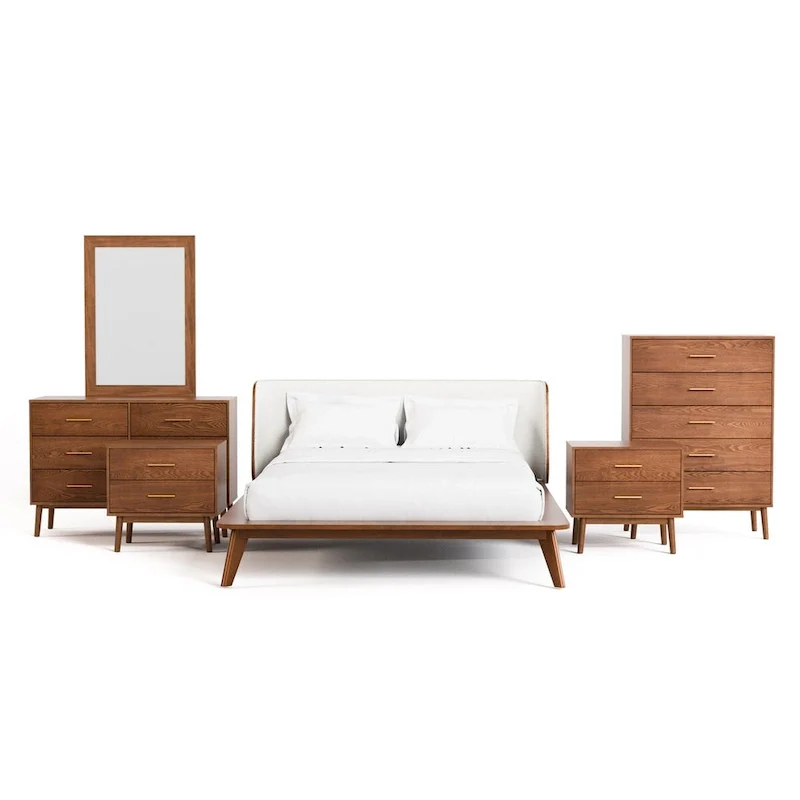 Furniture of America Beau Midcentury 6-Piece Boucle Wingback Queen Low Profile Bedroom Set