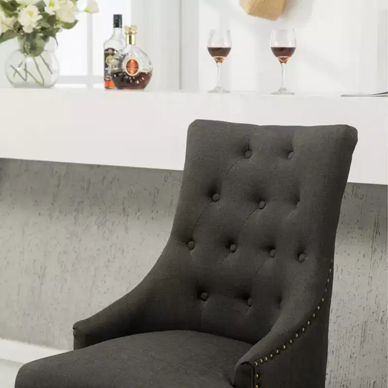 Roundhill Furniture Button Tufted Solid Wood Wingback Hostess Chairs with Nail Heads, Charcoal, Set of 2
