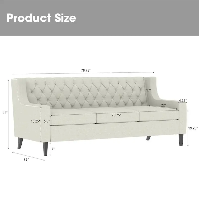 78.75  Polyester 3-Seater Sofa with Tufted Back and Cushions