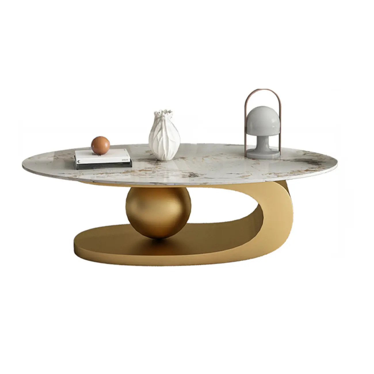 Modern Light Luxury White Oval Coffee Table with Metal Base