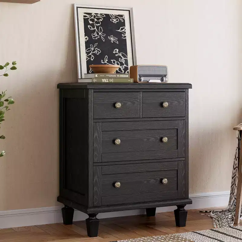 Black / Dark Brown / Light Brown 4-Drawer Vintage Dresser with Carved Handles