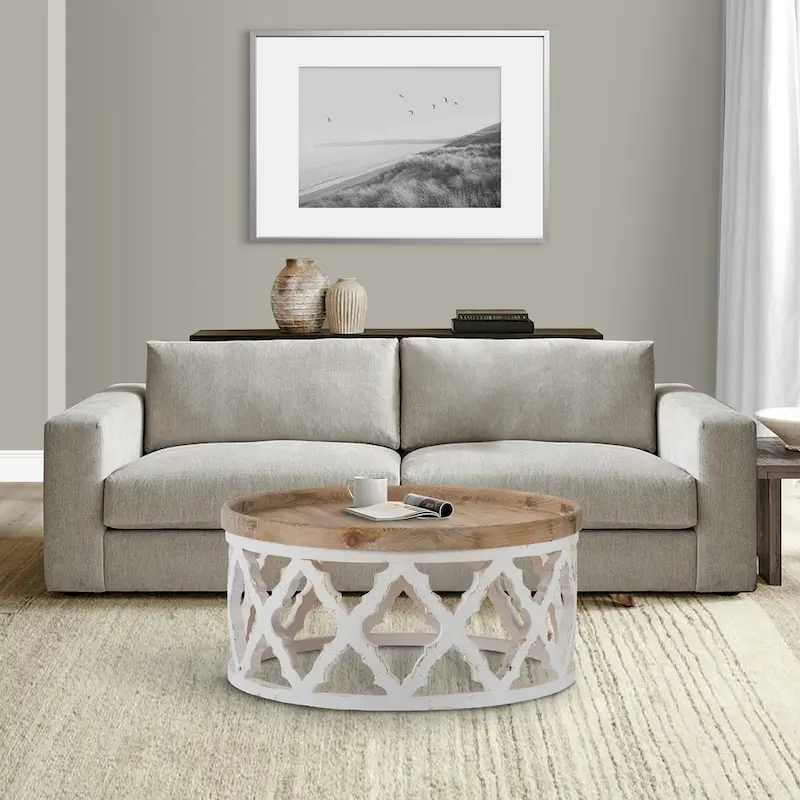 32 Inch Coffee Table, Round, Quatrefoil Lattice Design, Brown, White