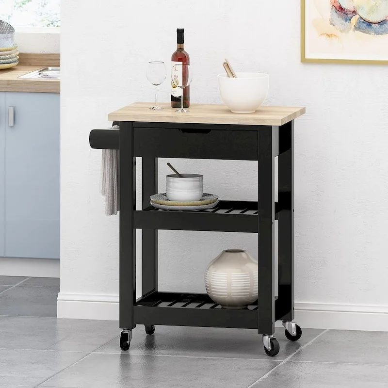 Compact Wooden Kitchen Cart with Wheels Shelves and Drawer