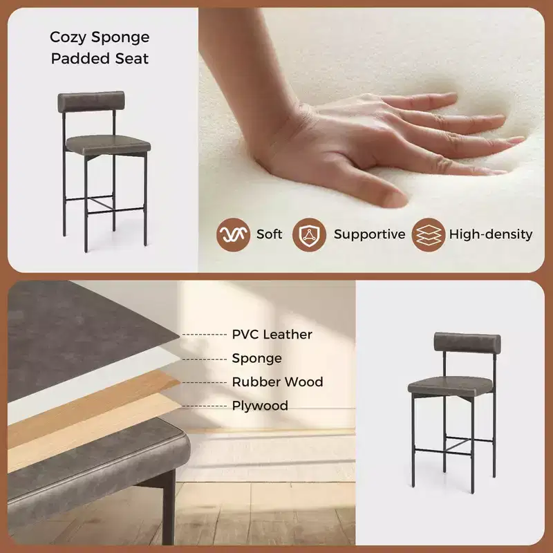 Costway 26 Upholstered Bar Stools Set of 4 with Padded Cushion & Backrest Footrest Brown/Gray