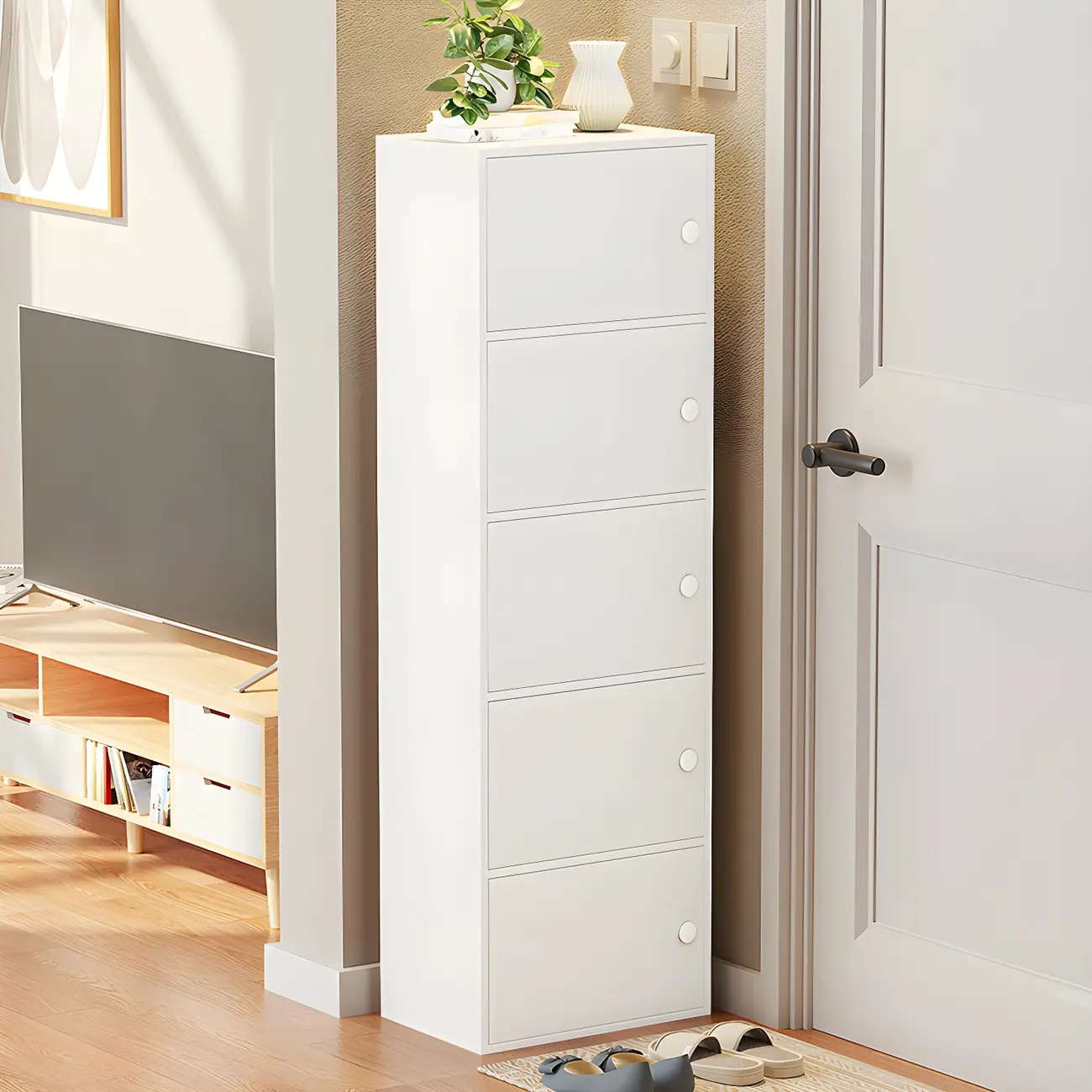 Modern White Tall Shoe Cabinet with Adjustable Shelves