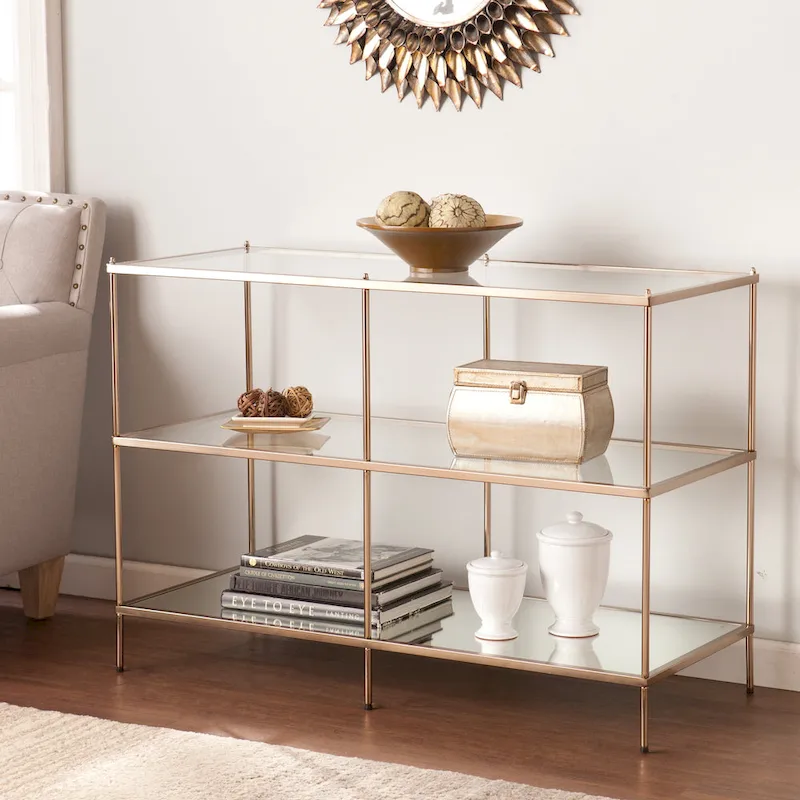 SEI Furniture Grant Modern Metal Console Table with Glass Top and Shelves