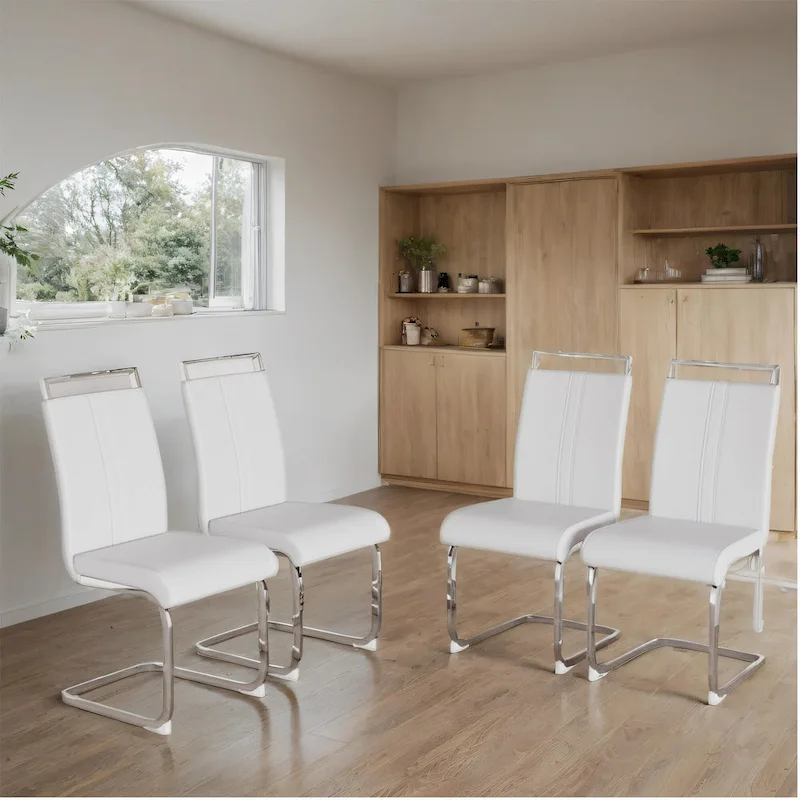 PU Leather High Back Upholstered Dining Chair w/ Metal Legs(Set of 4)