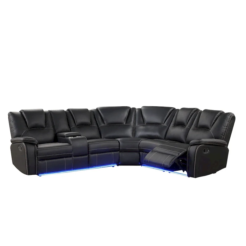 Modern Faux Leather Manual Reclining with Center Console with LED Light Strip,Living Room Furniture Set,PU Symmetrical Couch