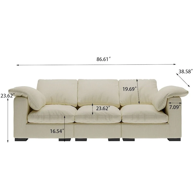 86.61 Modern Farmhouse Deep 3-Seater Sofa, Track Arm Couch, Linen Fabric Sofa