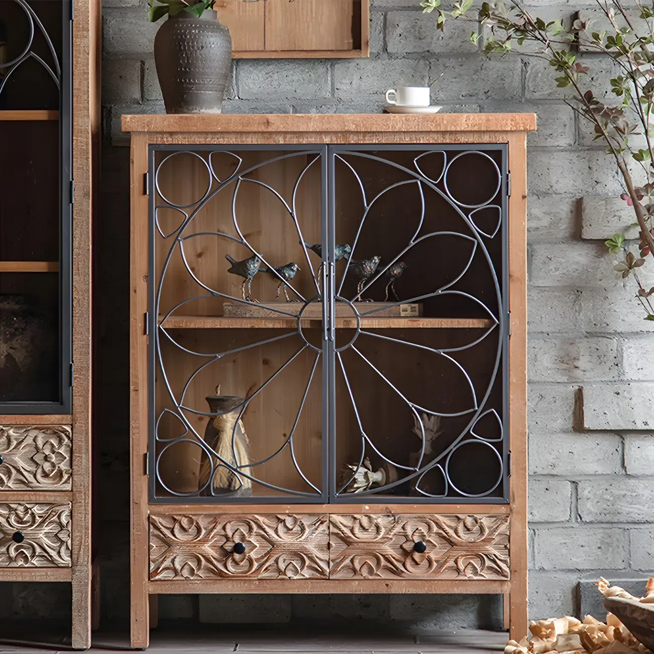 Classic 2-Drawer Brown Medium Wood Glass China Cabinet