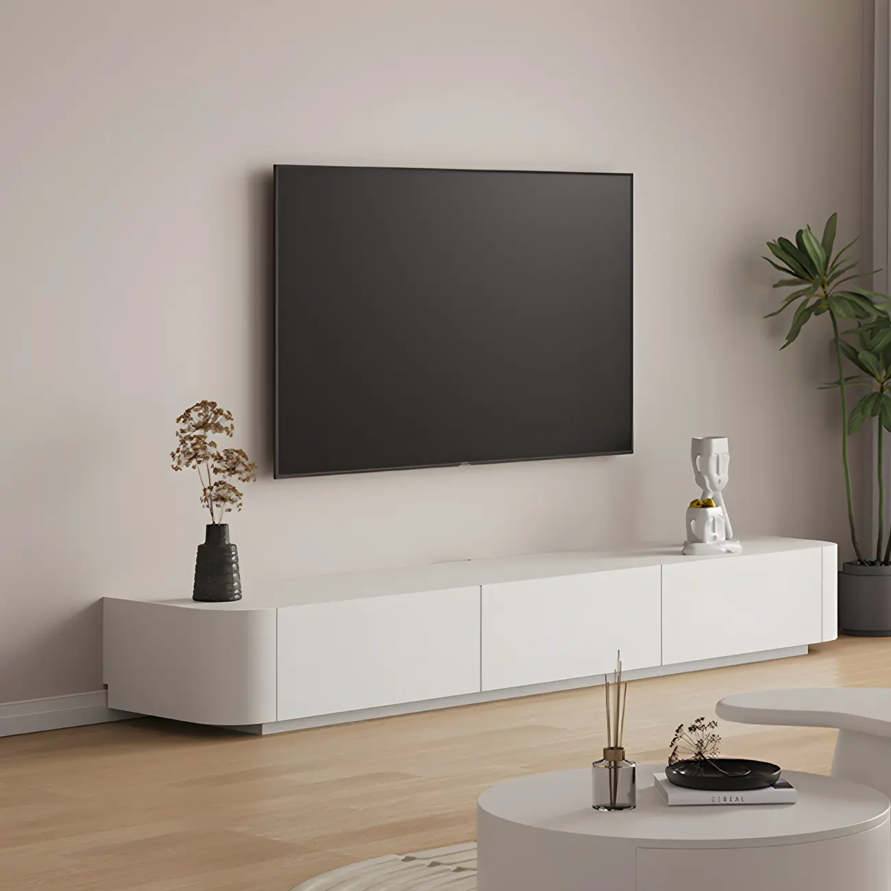 Minimalist White Wooden TV Stand with Ample Cable Management
