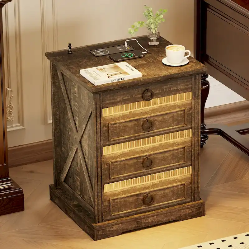 LED 2-Drawer Nightstand With Charging Station and Gun Drawer