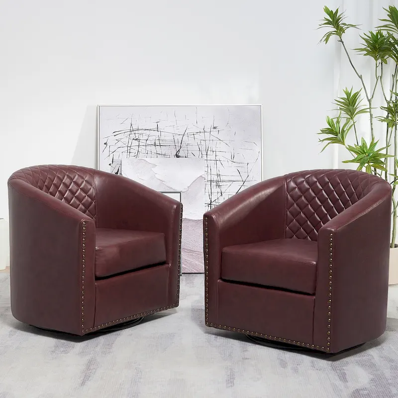KINWELL 29 Wide Tufted PU Leather Swivel Barrel Chair (Set of 2)