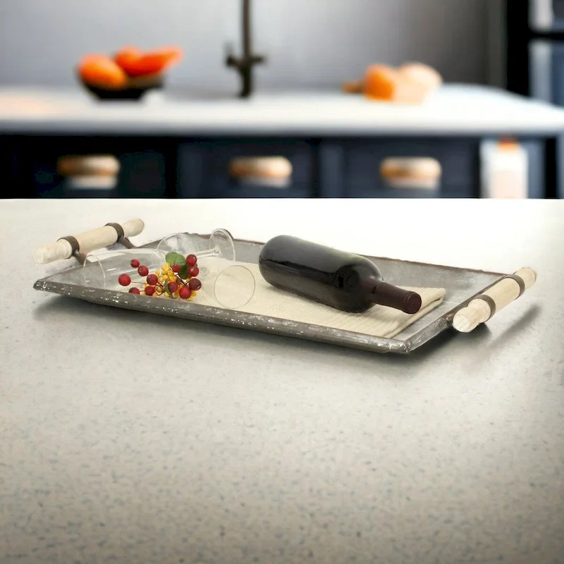 Gray Metal Galvanized Tray With Rolling Pin Handles