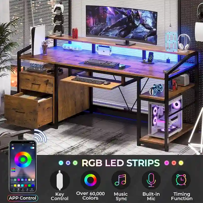 LED Computer Desk With Lock Drawers Keyboard Tray Power Outlet