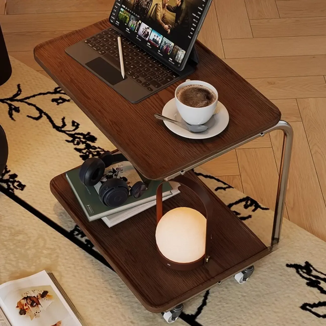 2-tier Rectangular C-shaped Wood Side Table with Wheels