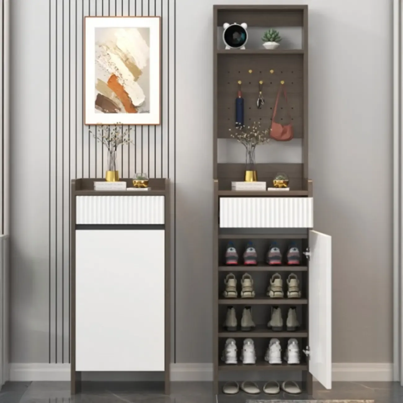 Modern Wood Shoe Cabinet with Drawer and Shelves