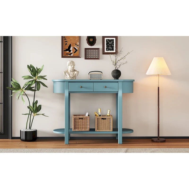 Vintage Console Table with 2 Storage Drawers, Open Lower Shelf, and Curved Design for Home Entryway and Hotel