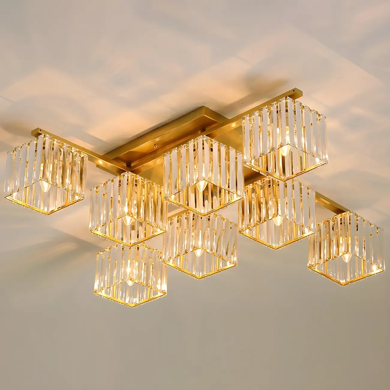 Modern Square Gold Crystal Flush Ceiling Light in 8 Lights