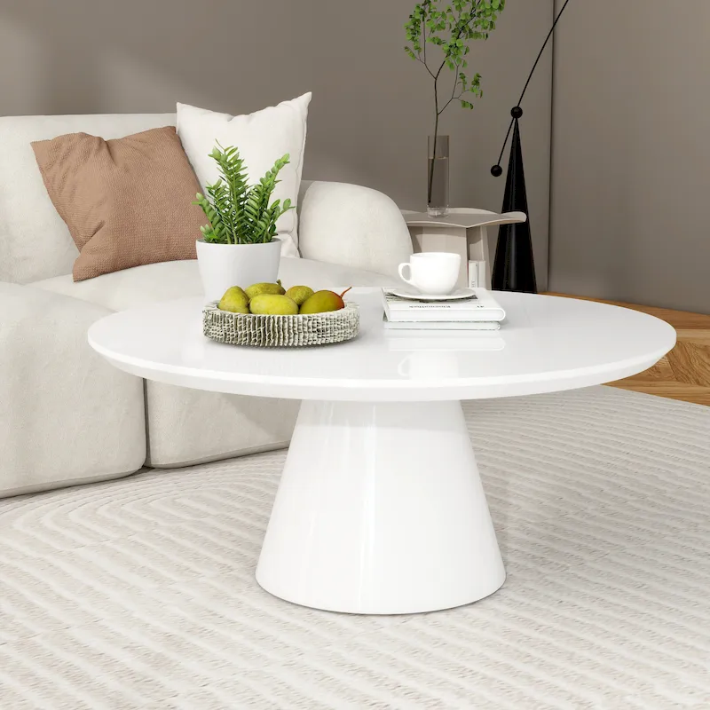 Modern Cone Coffee Table for Living Room, High Gloss Finish, 35.4in Diameter, Black or White
