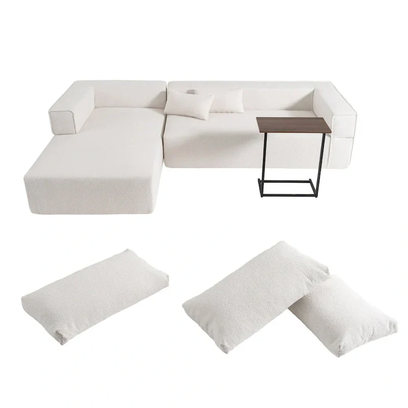 112 Boucle Modular Sectional Sofa with Free Side Table, Wide Seat Design and No Assembly Required