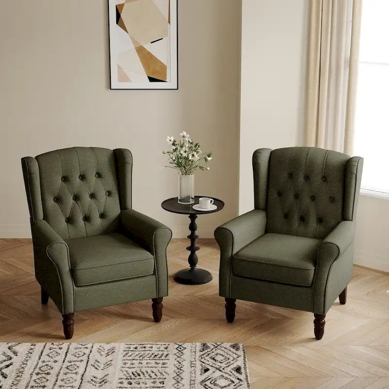 Button-Tufted Accent Club Chair Wingback Armchair Set of 2