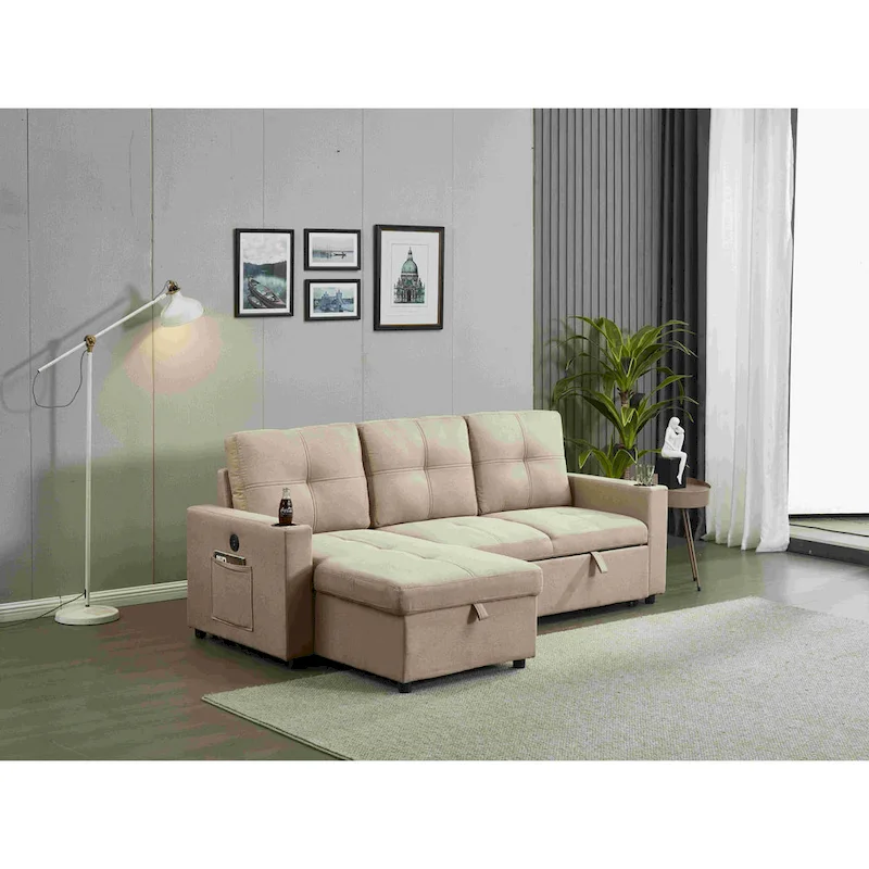 Linen Sectional Sofa Reversible Chaise with Pull out Sleeper
