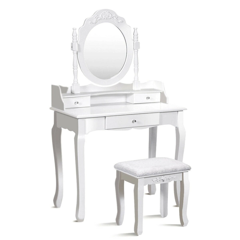 Costway White Vanity Wood Makeup Dressing Table Stool 3 Drawer