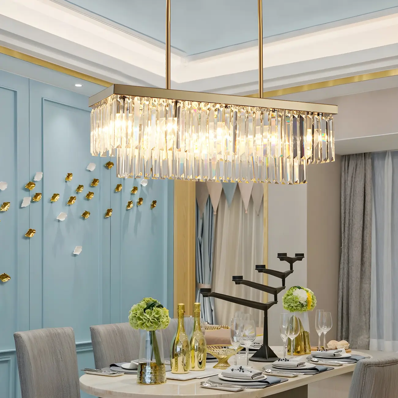 Modern Large Crystal Rectangle Island Pendant Light
