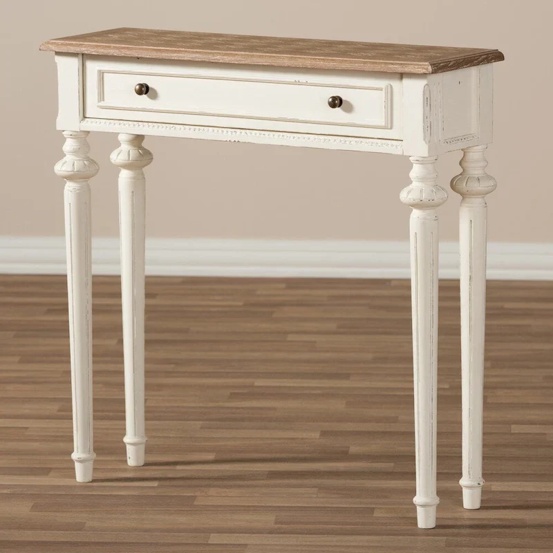French Provincial Style Console Table in Weathered Oak and White Wash Distressed Wood Finish