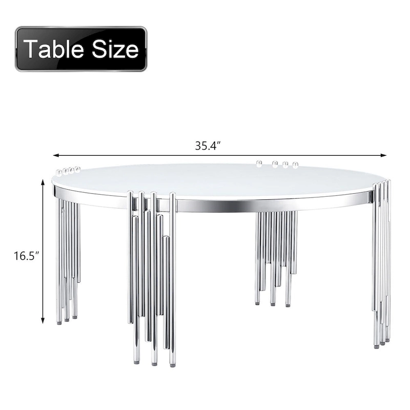 Modern 36 Round Coffee Table with Tempered Glass Top and Polished Chime-Shaped Legs