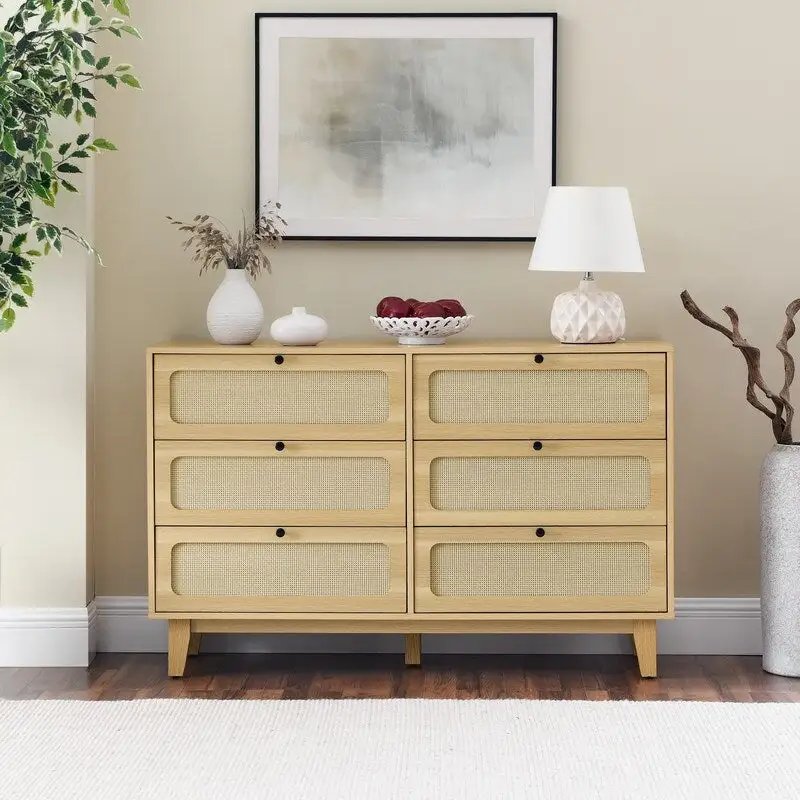 Grondin Mid-Century Modern Boho Style 6 Rattan Drawers Double Dresser with MDF Frame and Solid Wood Legs,
