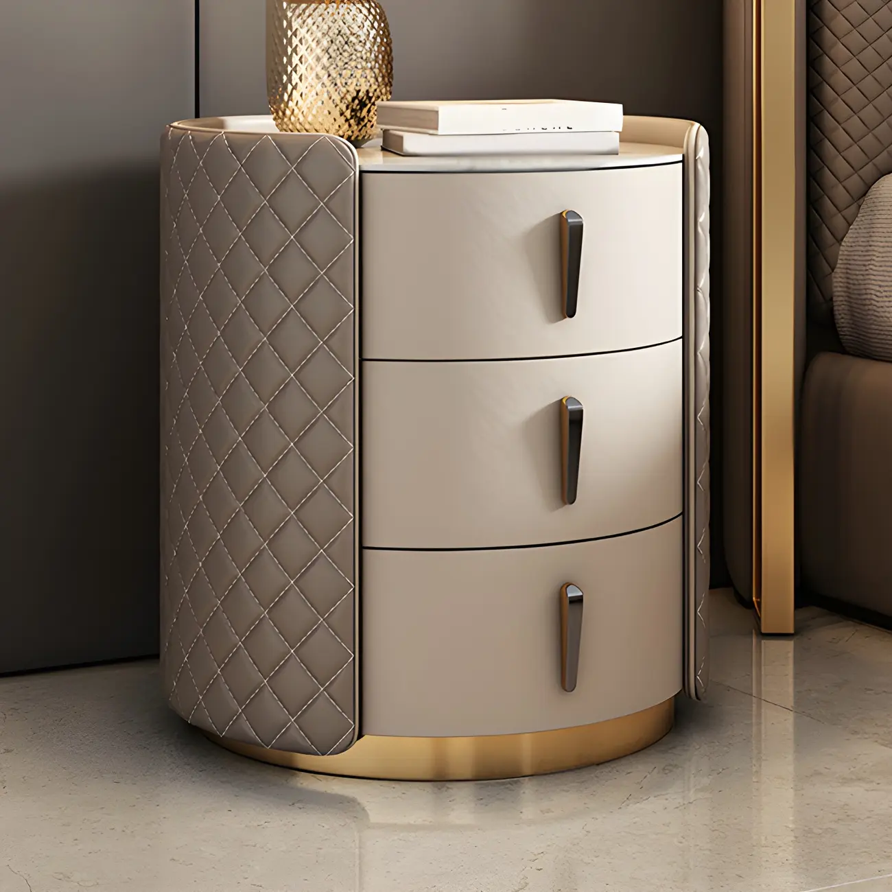 Modern Beige Faux Leather Nightstand with Drawers