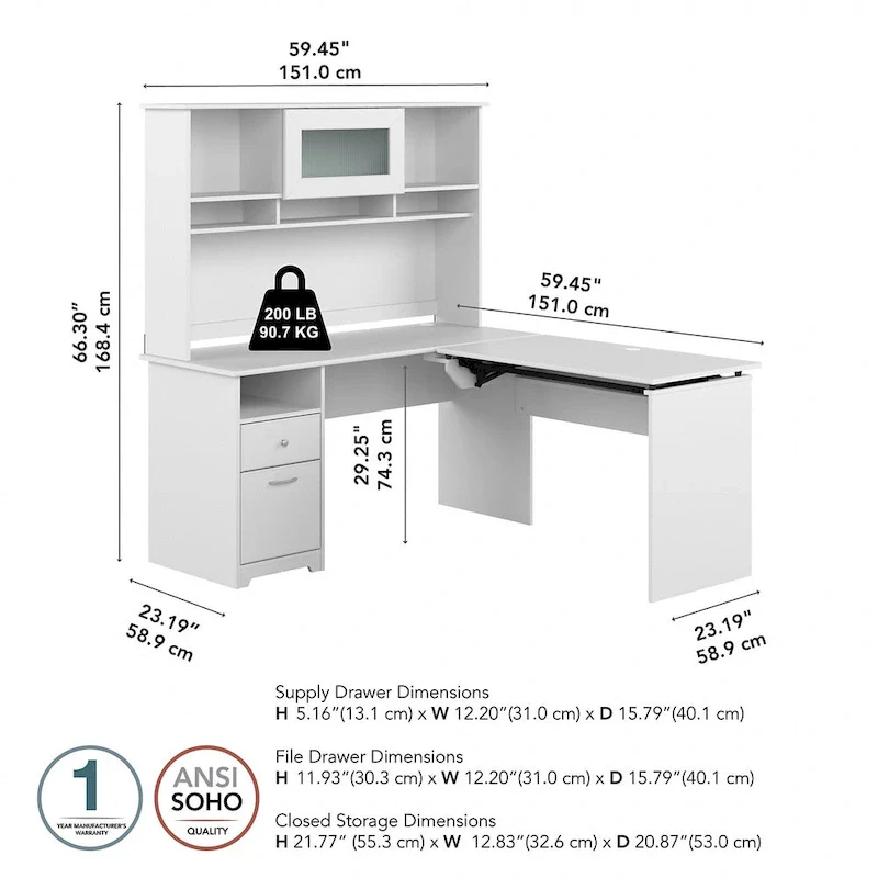 60W 3-position L-shaped Sit to Stand Desk with Hutch by