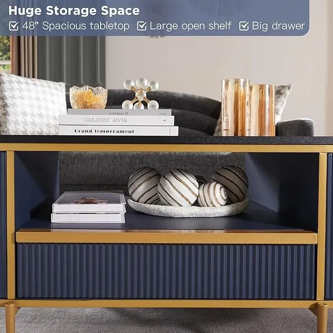 Modern Luxury Fluted Coffee Table, Center Table with Faux Marble Top