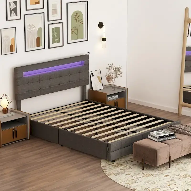 Queen Bed Frame with Drawers LED Bed Frame with USB Charging Station