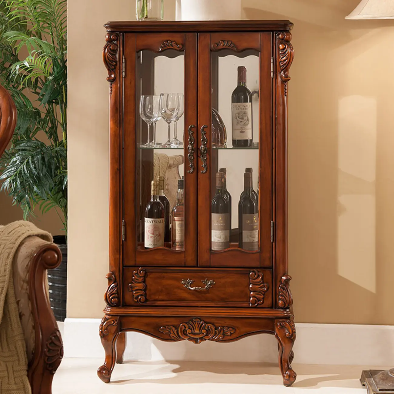 Traditional Brown 2-Drawer Wooden Wine Cabinet Glass Doors