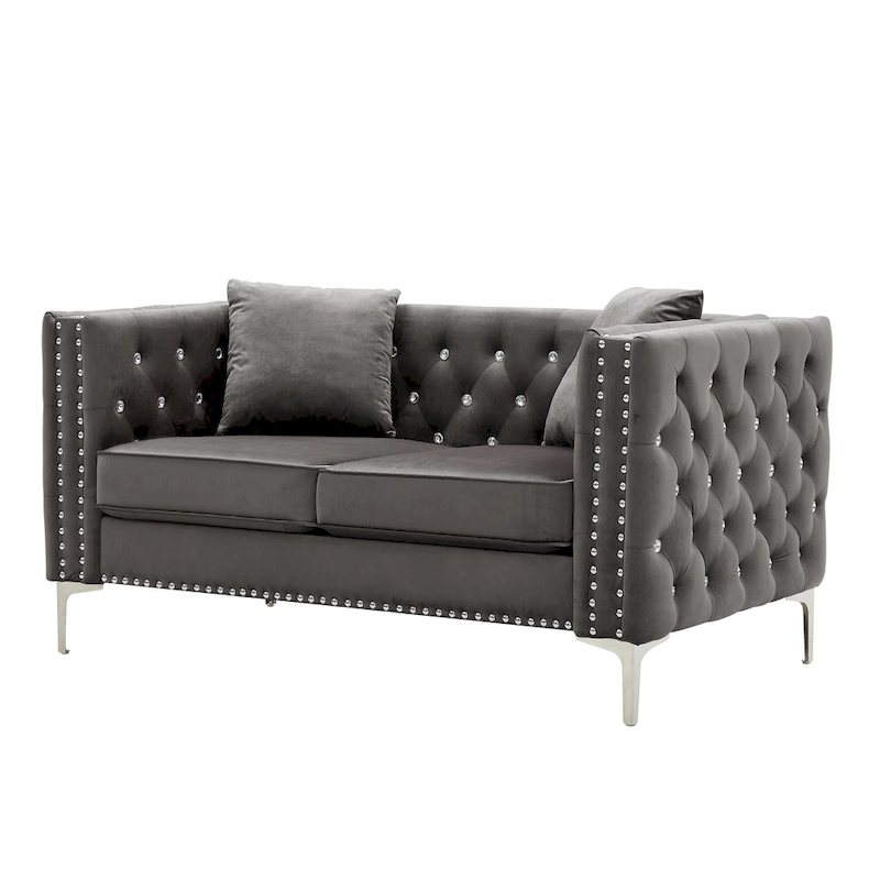 Square Arm Velvet Loveseat with Jeweled buttons and 2 Pillows