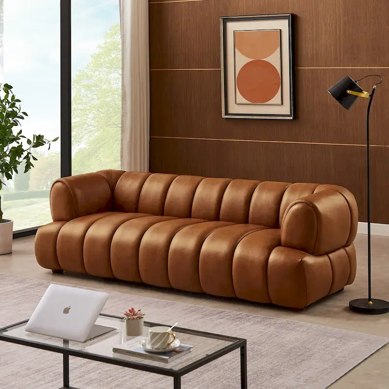 Rovan Mid-Century Modern Luxury Couch in Cognac Leather