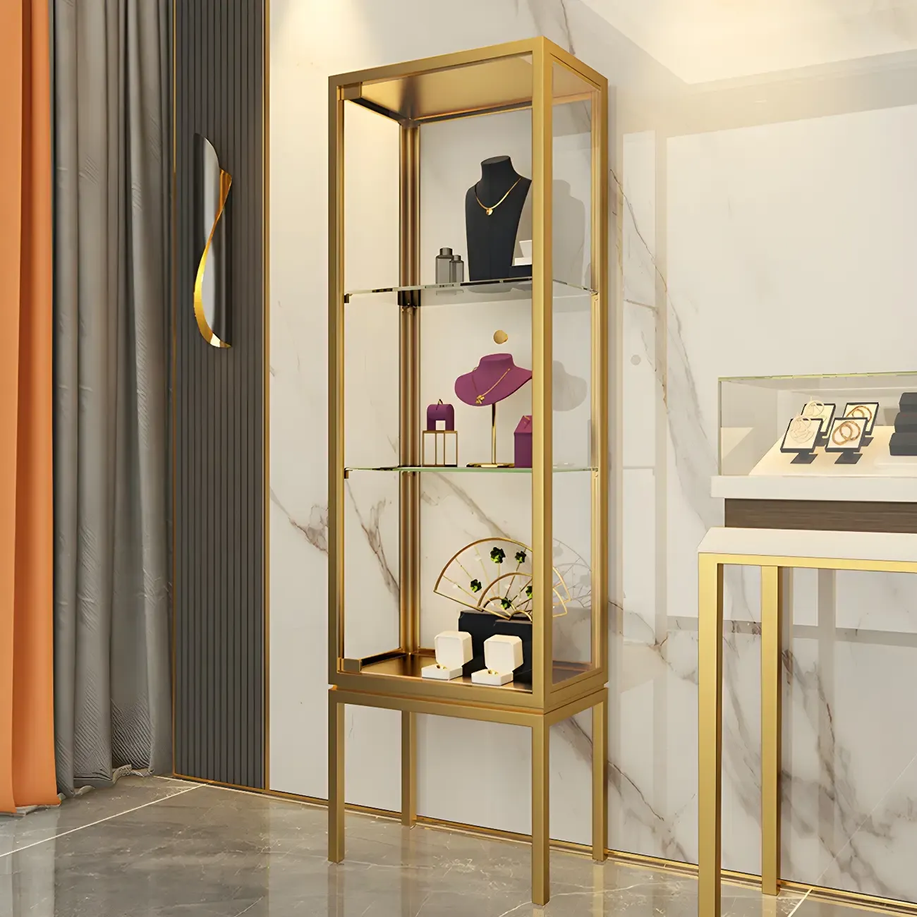 Glam Clear Glass Shelf Black Metal Frame Curio Cabinet