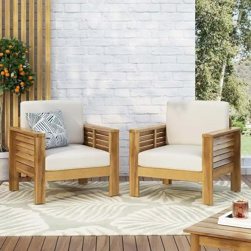 Outdoor Acacia Wood Club Chairs w/ Cushions, Patio Chairs Set of 2