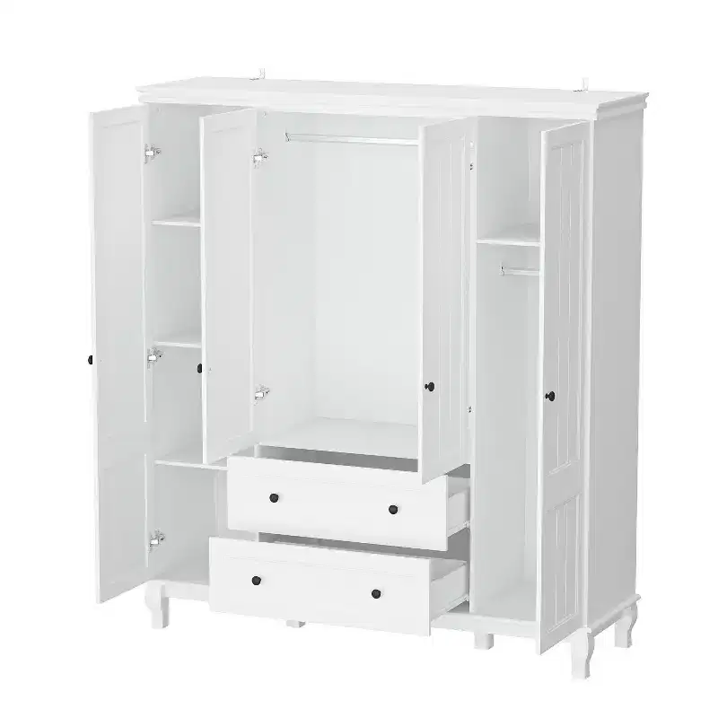 Famapy White Freestanding Wood Armoire With Drawers and Hanging Rods