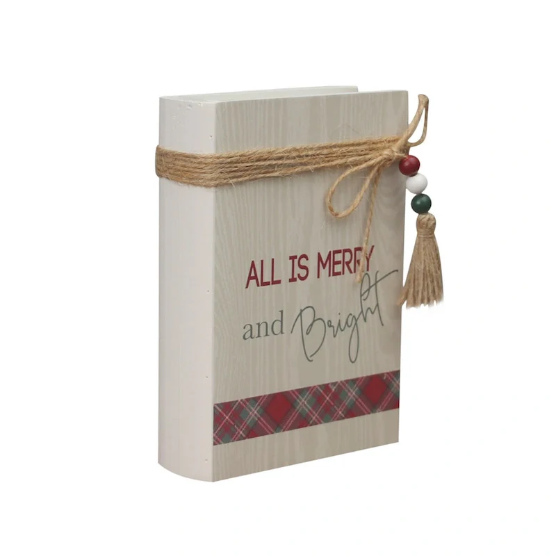 Christmas Wood Faux Books Decorative Sign with Twine and Wood Beads, Decorative Books