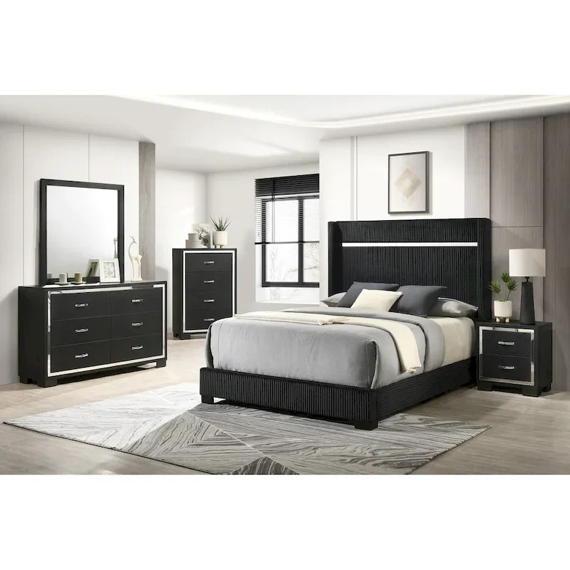 Pedro 3 Piece Black Velvel Upholstered Panel Bedroom Set