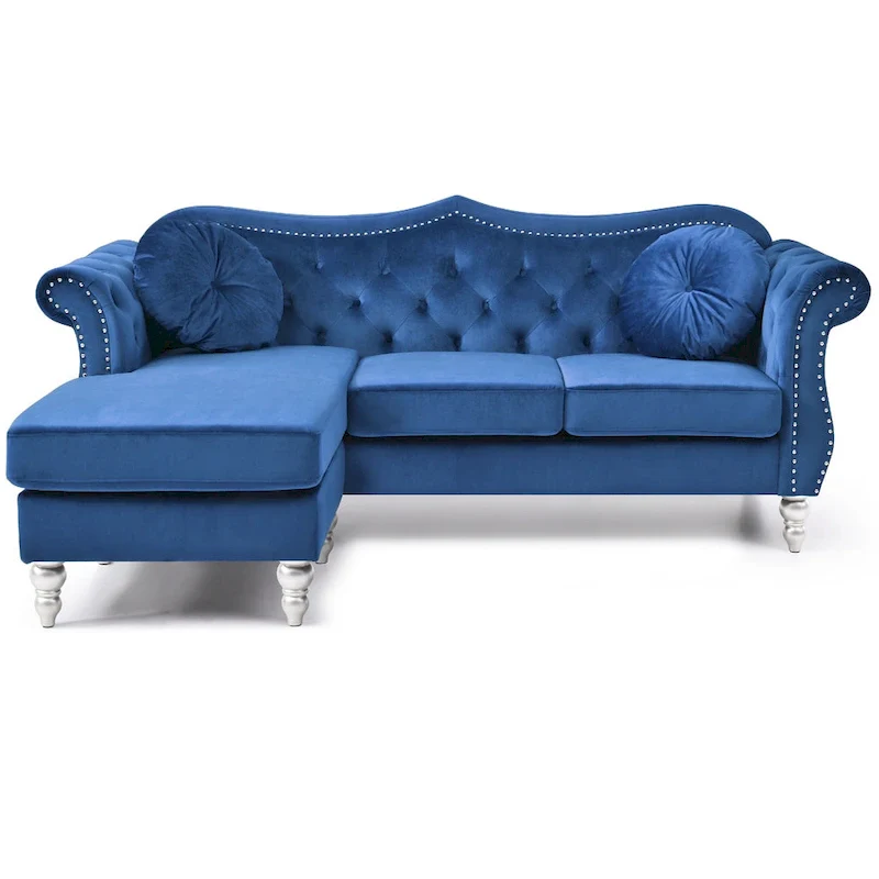 Tufted Velvet Chesterfield Sectional Sofa with Throw Pillows - 81 - Blue