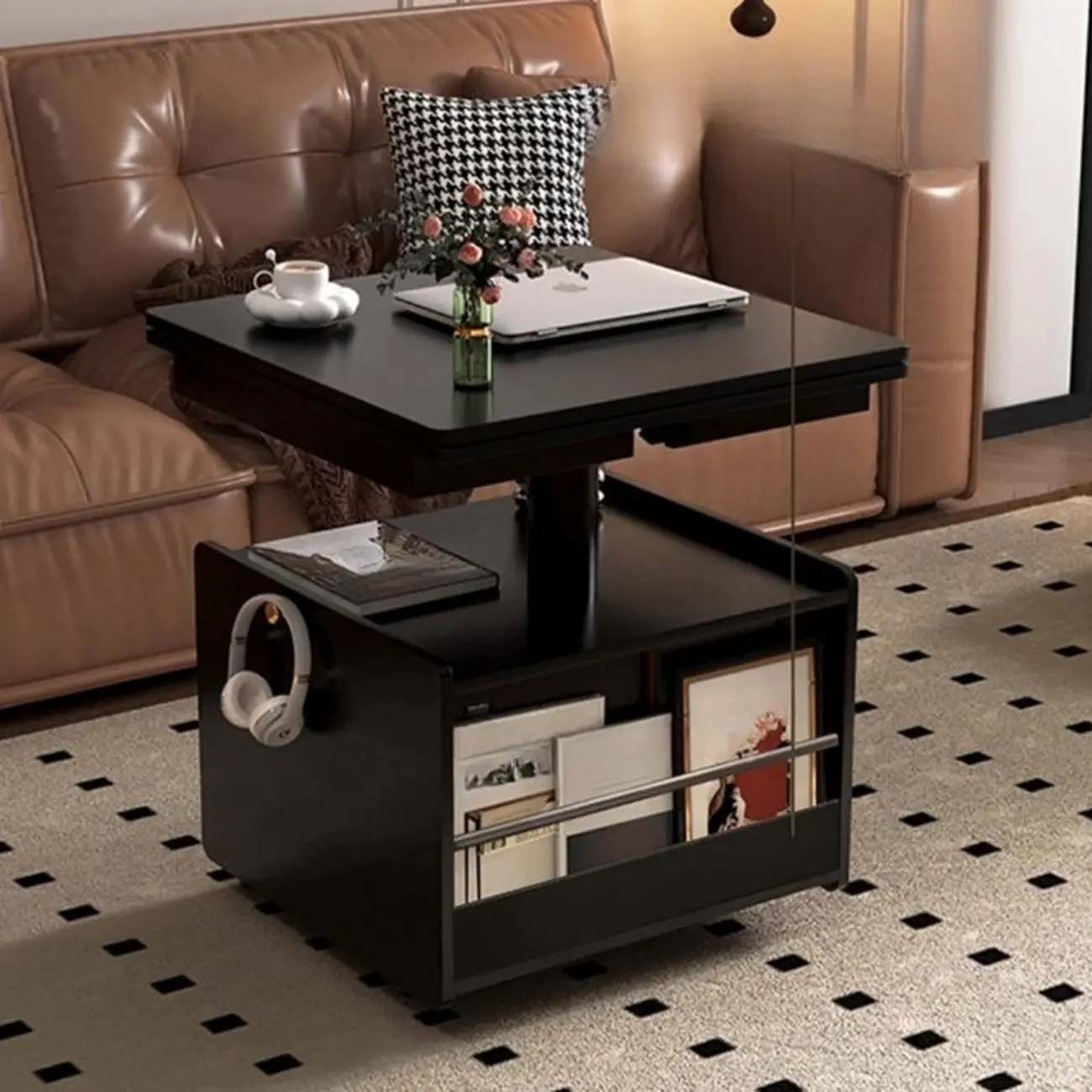 Adjustable Modern Nut-brown Wood Rolling Coffee Table