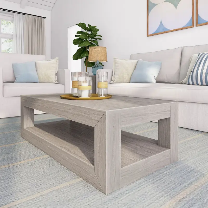 Plank and Beam Modern Rectangular Coffee Table with Shelf